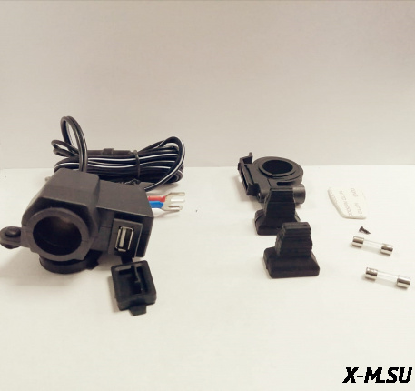 Прикуриватель мото с usb-выходом,для мото,  клеммы под аккумулятор 12В (красная/синяя)